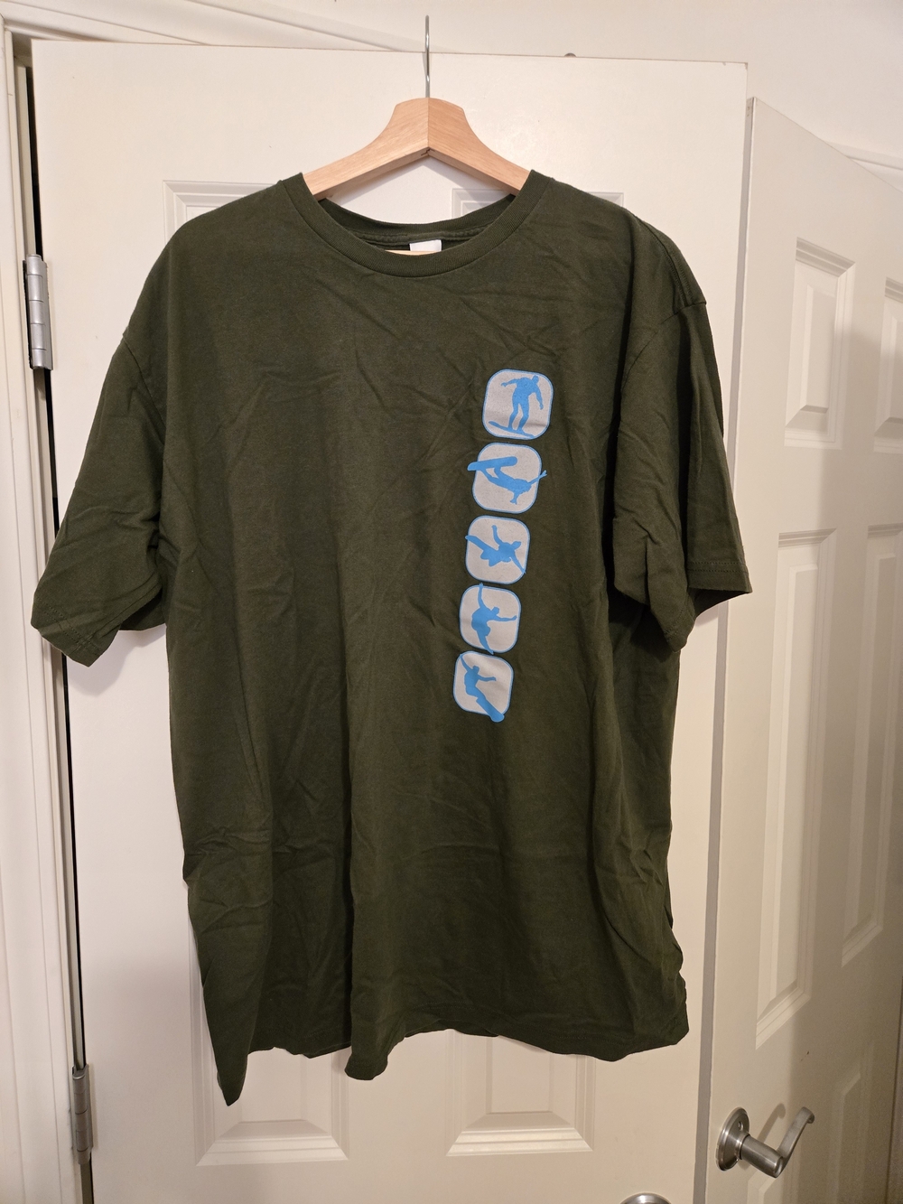 GAP Olive Green Short Sleeve Tee with Vertical Light Blue Icons